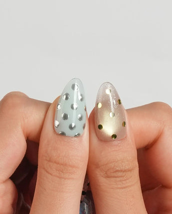 Gelato Dot short almond nails with candy-color gel polish and metallic spots