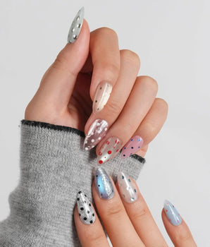 Gelato Dot short almond nail set with mint, rose gold, lavender, pink and blue finishes