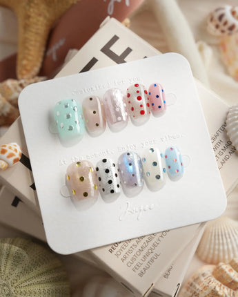 Gelato Dot extra short coffin press-on nails with mixed gelato-color polka dots