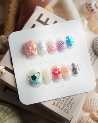 Gem Blossom Extra Short Squoval press on nails, handmade custom nails by Joyeenails