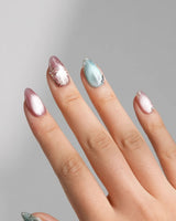 Gemstone Petals press-on nails in extra short almond shape — Contrast Morandi, Hand-painted Gold Leaf & Pearls.