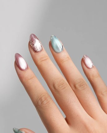 Gemstone Petals press-on nails in extra short almond shape — Contrast Morandi, Hand-painted Gold Leaf & Pearls.