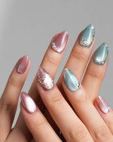 Gemstone Petals handmade press-on nails featuring Contrast Morandi, Hand-painted Gold Leaf & Pearls.