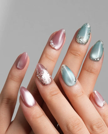 Gemstone Petals handmade press-on nails featuring Contrast Morandi, Hand-painted Gold Leaf & Pearls.