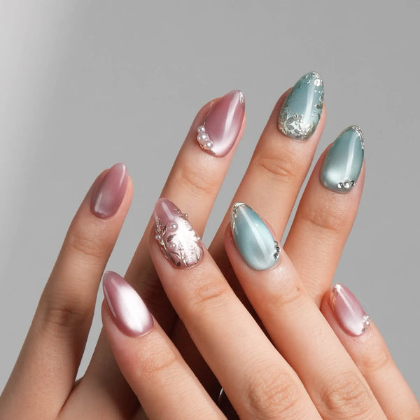 Gemstone Petals handmade press-on nails featuring Contrast Morandi, Hand-painted Gold Leaf & Pearls.