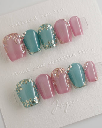 Gemstone Petals press-on nails in extra short coffin shape — Contrast Morandi, Hand-painted Gold Leaf & Pearls.