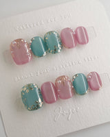 Gemstone Petals press-on nails in extra short squoval shape — Contrast Morandi, Hand-painted Gold Leaf & Pearls.