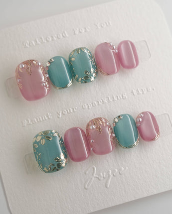 Gemstone Petals press-on nails in extra short squoval shape — Contrast Morandi, Hand-painted Gold Leaf & Pearls.