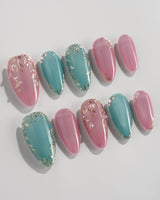 Gemstone Petals press-on nails in medium almond shape — Contrast Morandi, Hand-painted Gold Leaf & Pearls.