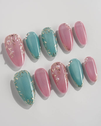 Gemstone Petals press-on nails in medium almond shape — Contrast Morandi, Hand-painted Gold Leaf & Pearls.