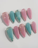 Gemstone Petals press-on nails in medium stiletto shape — Contrast Morandi, Hand-painted Gold Leaf & Pearls.