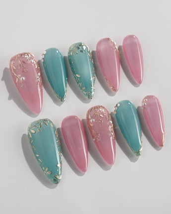 Gemstone Petals press-on nails in medium stiletto shape — Contrast Morandi, Hand-painted Gold Leaf & Pearls.