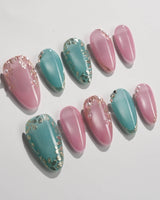 Gemstone Petals press-on nails in short almond shape — Contrast Morandi, Hand-painted Gold Leaf & Pearls.