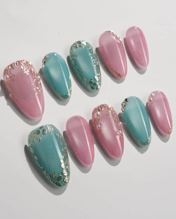 Gemstone Petals press-on nails in short almond shape — Contrast Morandi, Hand-painted Gold Leaf & Pearls.