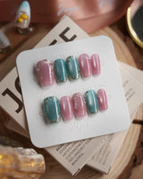 Gemstone Petals press-on nails in short coffin shape — Contrast Morandi, Hand-painted Gold Leaf & Pearls.
