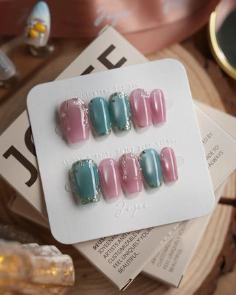 Gemstone Petals press-on nails in short coffin shape — Contrast Morandi, Hand-painted Gold Leaf & Pearls.