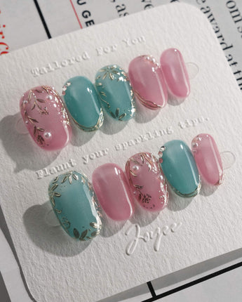 Gemstone Petals press-on nails in short oval shape — Contrast Morandi, Hand-painted Gold Leaf & Pearls.