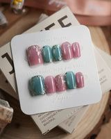 Gemstone Petals press-on nails in short square shape — Contrast Morandi, Hand-painted Gold Leaf & Pearls.