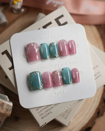 Gemstone Petals press-on nails in short square shape — Contrast Morandi, Hand-painted Gold Leaf & Pearls.