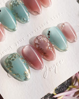 Gemstone Petals press-on nails — Contrast Morandi, Hand-painted Gold