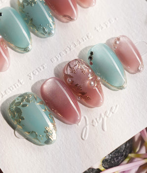 Gemstone Petals press-on nails — Contrast Morandi, Hand-painted Gold