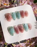 Gemstone Petals press-on nails — Contrast Morandi, Hand-painted Gold Leaf & Pearls. handmade nail art by Joyee Nails