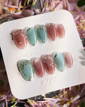 Gemstone Petals press-on nails — Contrast Morandi, Hand-painted Gold Leaf & Pearls. handmade nail art by Joyee Nails