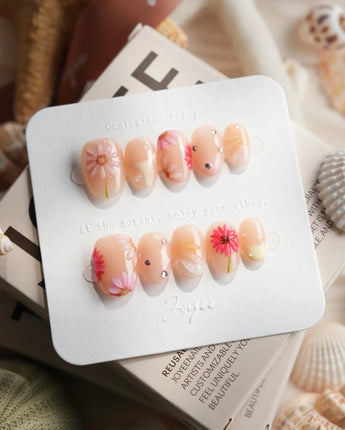 Gerbera Daisy — Pink Riot Extra Short Oval press on nails, handmade custom nails by Joyeenails