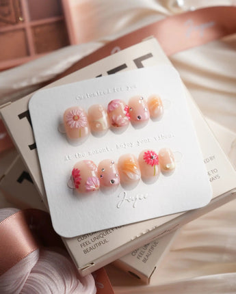 Gerbera Daisy — Pink Riot Extra Short Squoval press on nails, handmade custom nails by Joyeenails