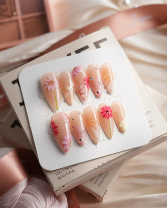 Gerbera Daisy — Pink Riot Medium Stiletto press on nails, handmade custom nails by Joyeenails