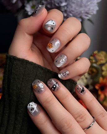 Ghost Coco press-on nails in extra short squoval shape — Silver Glitter Halloween, 3D Ghost & Mummy.