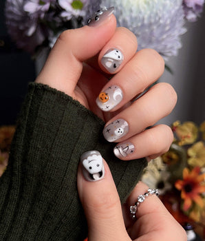 Ghost Coco press-on nail set — Silver Glitter Halloween, 3D Ghost & Mummy. design, hand-painted with real gel polish