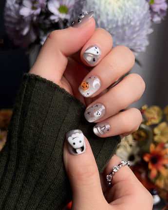 Ghost Coco press-on nail set — Silver Glitter Halloween, 3D Ghost & Mummy. design, hand-painted with real gel polish