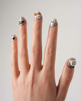 Ghost Coco press-on nails in extra short squoval shape — Silver Glitter Halloween, 3D Ghost & Mummy.