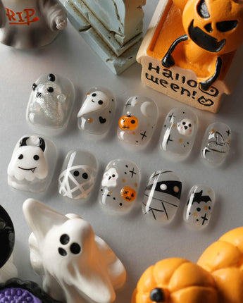 Ghost Coco handmade press-on nails featuring Silver Glitter Halloween, 3D Ghost & Mummy.
