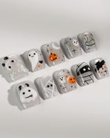 Ghost Coco press-on nails in short square shape — Silver Glitter Halloween, 3D Ghost & Mummy.