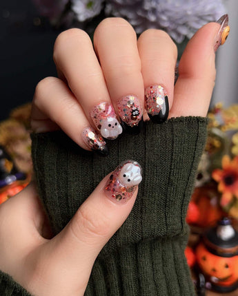 Ghost Kiki press-on nails in short oval shape — Orange & Black Halloween, 3D Pumpkin & Ghost Glitters.