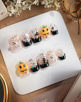 Ghost Kiki press-on nails in extra short coffin shape — Orange & Black Halloween, 3D Pumpkin & Ghost Glitters.