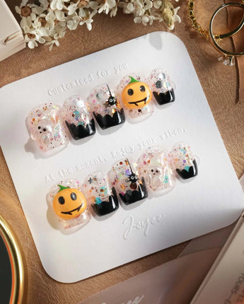 Ghost Kiki press-on nails in extra short coffin shape — Orange & Black Halloween, 3D Pumpkin & Ghost Glitters.