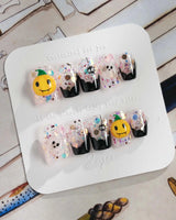 Ghost Kiki press-on nails in extra short square shape — Orange & Black Halloween, 3D Pumpkin & Ghost Glitters.