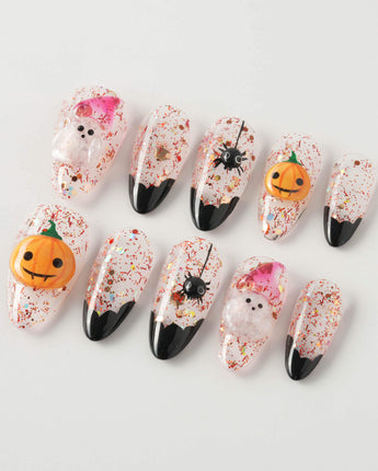 Ghost Kiki press-on nails in medium almond shape — Orange & Black Halloween, 3D Pumpkin & Ghost Glitters.