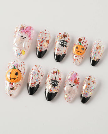 Ghost Kiki press-on nails in short almond shape — Orange & Black Halloween, 3D Pumpkin & Ghost Glitters.