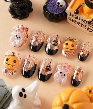 Ghost Kiki handmade press-on nails featuring Orange & Black Halloween, 3D Pumpkin & Ghost Glitters.