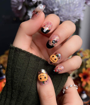 Ghost Kiki press-on nails — Orange & Black Halloween,