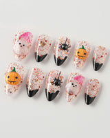 Ghost Kiki press-on nails in short stiletto shape — Orange & Black Halloween, 3D Pumpkin & Ghost Glitters.