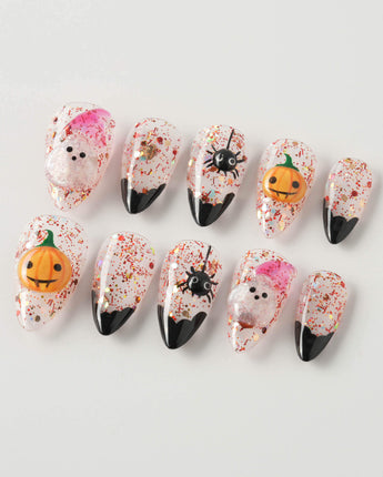 Ghost Kiki press-on nails in short stiletto shape — Orange & Black Halloween, 3D Pumpkin & Ghost Glitters.