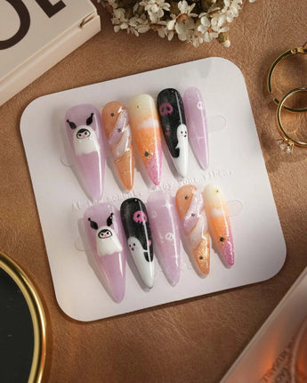 Ghost Kuromi nails — sheer nude pink base by Joyee Nails