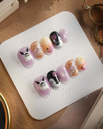 Ghost Kuromi nails — sheer nude pink base by Joyee Nails