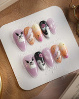 Ghost Kuromi nails — sheer nude pink base by Joyee Nails