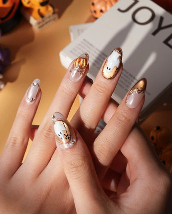 Ghost Portrait press on nails with ghosts in raised gold frames, gold filigree, pearls and a 3D copper pumpkin on copper cat eye - image 5
